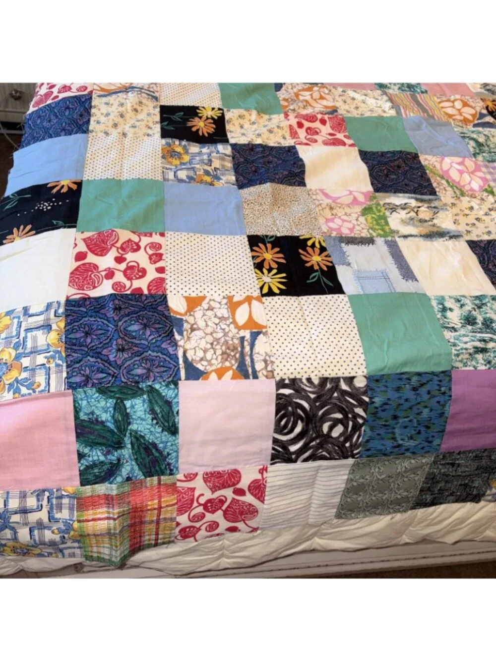 Vintage 68x82 Patchwork Cotton Print Quilt Topper